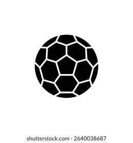 Isolated graphic of a black soccer ball on a white background. Features a simple, modern icon style with clear definition of pentagons and hexagons.