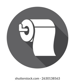 Isolated graphic depicting a roll of white toilet paper attached to a holder, set against a circular gray background, casting a noticeable shadow, hygiene product.