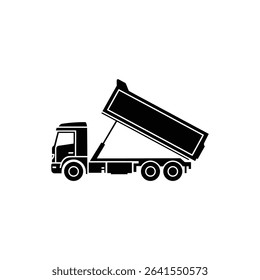 Isolated graphic depicts a black silhouette of a dump truck with the bed tilted upwards, showcasing hydraulic support. This heavy-duty truck is commonly used for transporting materials.