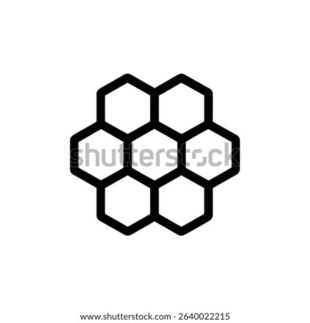 Isolated graphic depicts a cluster of seven interconnected hexagons with thick black lines on a bright white background, creating a simple yet striking design.