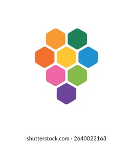 Isolated graphic features a cluster of eight colorful, vertically arranged hexagons on a white background, blending design elements and vibrant hues for various applications.