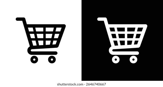 Gráfico isolado com um ícone de carrinho de compras, apresentado em preto em um plano de fundo branco e branco em um plano de fundo preto. Representa comércio eletrônico e varejo.