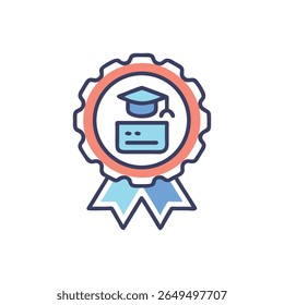 Isolated graphic icon in flat design style featuring academic award with graduation cap. Salmon rosette and light blue elements.