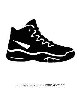 Isolated graphic illustration of a black silhouette of a hightop basketball sneaker for athletic sports and footwear representation