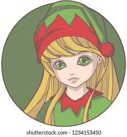 Isolated graphic illustration of a blond Christmas elf girl with green and red clothing