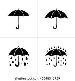 Isolated graphic presents four vector umbrella icons. One to three show raining raindrops, protection symbols with weather elements.