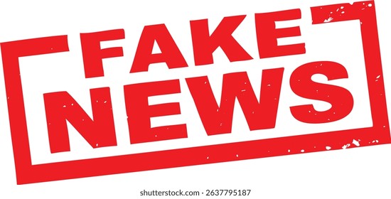 Isolated graphic of a red 'Fake News' stamp with a textured, grunge effect. The words FAKE NEWS are boldly displayed inside a rectangular border on a white background.