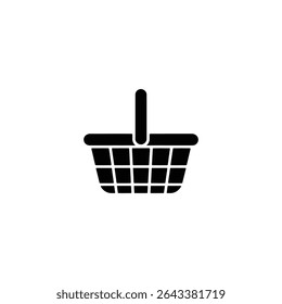 Isolated graphic showcases a black, solid fill wicker shopping basket icon with a simple design, displaying a handle and gridded front on a white background.