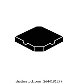 Isolated graphic showcases a closed pizza box in isometric projection. The box is black on a white background, symbolizing takeout delivery packaging representation.