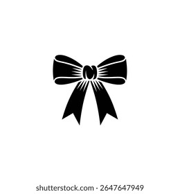 Isolated graphic shows a simple, elegant black ribbon tied into a symmetrical bow. The gift bow design is set against a clean white background.