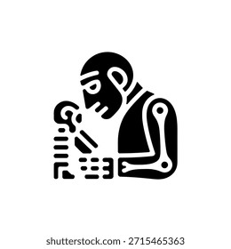 Silhueta gráfica isolada apresenta um homem indígena concentrado meticulosamente entalhando madeira. O trabalho artístico é definido em um plano de fundo branco e limpo.