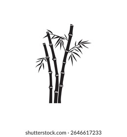 Isolated graphic of three black bamboo stalks with leaves on a white background, providing a stark contrast in a minimalist style vector illustration.