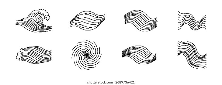Línea de onda gráfica aislada con remolinos y líneas fluidas en un plano blanco
