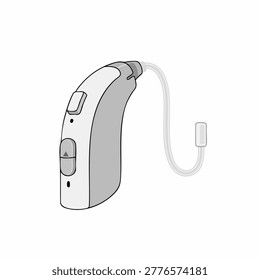 An isolated grayscale outline illustration showing the components and sleek design of a BTE hearing aid medical instrument