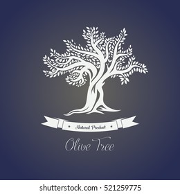 Isolated greece olive oil tree with branches. Decorative plant banner, vegetarian food or drink, mediterranean or greek flora, grove logo,  sticker or label for bottle with oil