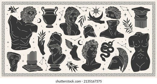 Isolated Greece statues in modern style. Antique aesthetics statues of mystical god, olive branches, hands, stars, ruined columns and pottery. Creative silhouette for poster design, wall, pattern.