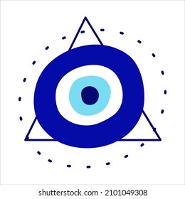 Isolated Greek amulet of the evil eye in the pyramid.Turkish amulet with blue eyelashes and protection in a triangle. Vector illustration flat style.