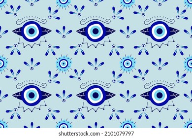 Isolated greek amulet evil eye seamless pattern.Turkish eye in a blue for amulet and protection in endless pattern. Vector illustration in a flat style.