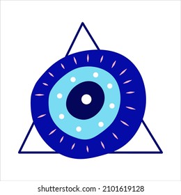 Isolated Greek amulet of the evil eye in the pyramid.Turkish amulet with blue eyelashes and protection in a triangle. Vector illustration flat style.