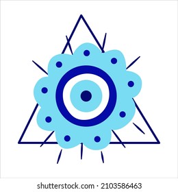 Isolated Greek amulet of the evil eye in the pyramid.Turkish amulet with blue eyelashes and protection in a triangle. Vector illustration flat style.