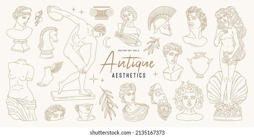 Isolated greek statues in modern style. Linear set antique aesthetic statues of mystical god, olive branches, hands, stars, columns, horse, pottery. Creative silhouette for poster design, wall, patter