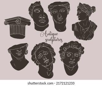Isolated Greek statues in modern style dark color  Linear vector set vintage aesthetic antique statues mystical god  Creative silhouette for poster design  wall