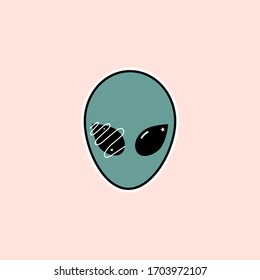 Isolated green alien head on pink background. Stars and swirls inside big black eyes. Retro trendy style.