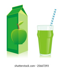 isolated green apple juice bottle and glass