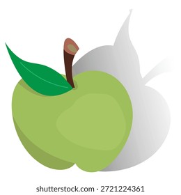 Manzana verde aislada con sombra; fruta jugosa dulce fresca objeto de color plano; comida vegana; producto de dibujos animados lleno de vitaminas, aislado sobre fondo blanco
