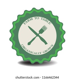 Isolated green badge with a fork and a knife and the text farm to table written inside the badge