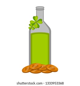 Isolated green beer bottle with a clover and coins. Patrick day. Vector illustration design