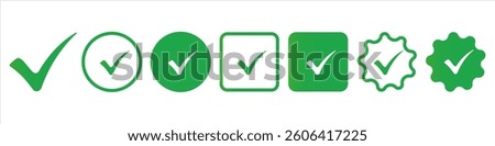 Isolated green check mark set. Approved symbol. Checked flag. v. Vector.