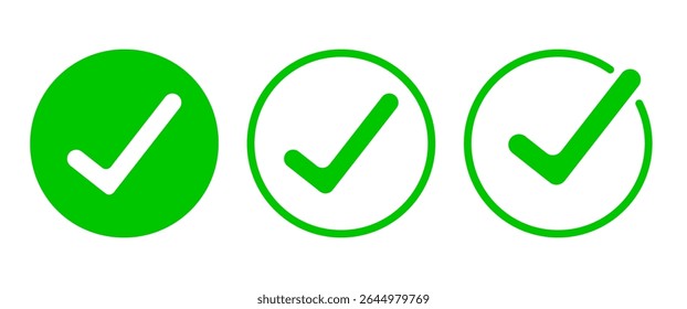 Isolated Green check mark vector icon design collection, Approved symbol, Good, Correctm Choice and Right pictogram illustration, Editable.