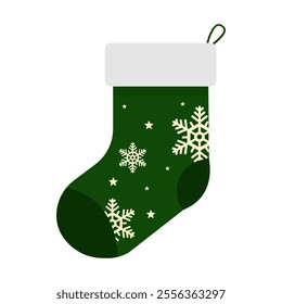 Isolated Green Christmas Stocking Hand draw illustration design, Xmas Decoration graphic elements in Flat style, Festive cartoon Clip art for Banner and Greeting card, vector stock