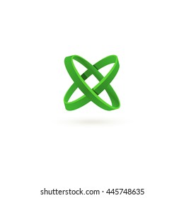 Isolated green color cross vector logo. Abstract circles on the white background. Geometric elements. Atoms movement. Letter X. Chemical icon. Arithmetic multiplication sign. 