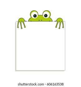 Isolated green color frog with white paper. Has place for any text. Can use for note or blank.