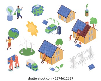 Isolated green energy color set with isolated elements of power line infrastructure workers characters and houses vector illustration