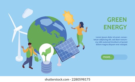 Isolated green energy horizontal banner with more button editable text and conceptual images of alternative power vector illustration