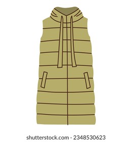 Isolated green female long quilted vest in flat style on white background. Warm clothes