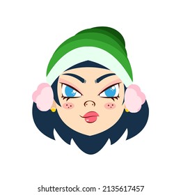 Isolated green girl winter long hair christmas emoji cute face vector illustration