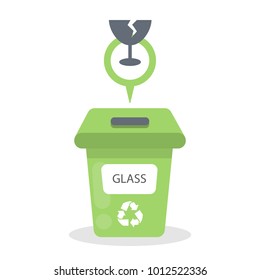 Isolated green glass garbage container on white.