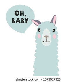Isolated green lama's head with Oh, baby words in cloud. Cute vector flat illustration.