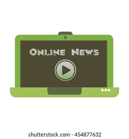 Isolated green laptop with play button design and the text online news written on its screen