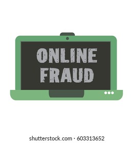 Isolated green laptop with the text online fraud written on its screen