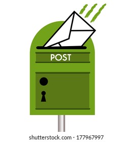 Isolated green mailbox receiving a white envelope