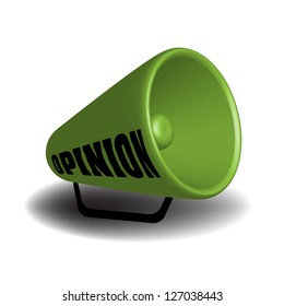 Isolated green megaphone on which is written the word opinion