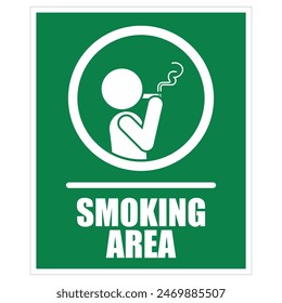 Isolated green minimal smoking area label, with pictogram man smoking cigarette tobacco with smokes