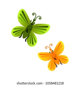 Isolated green and orange cartoonbutterflies on white background. Frendly funny butterfly personage.