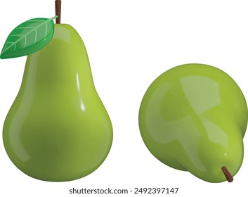 isolated green pears. 3d stylized pear with leaf