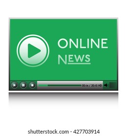Isolated green player with play sign and the text online news written on its screen